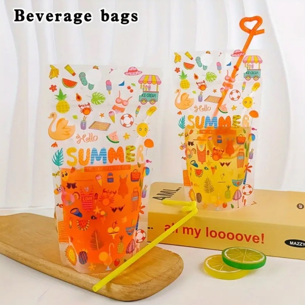 25 Disposable Plastic Beverage Pouches with Zipper Seal & Straws